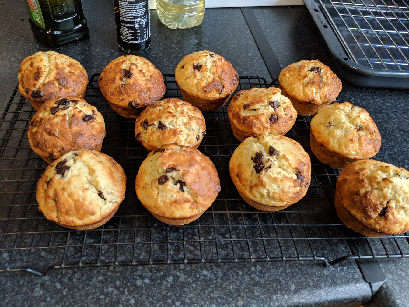 Banana chocolate chip muffins in a tray