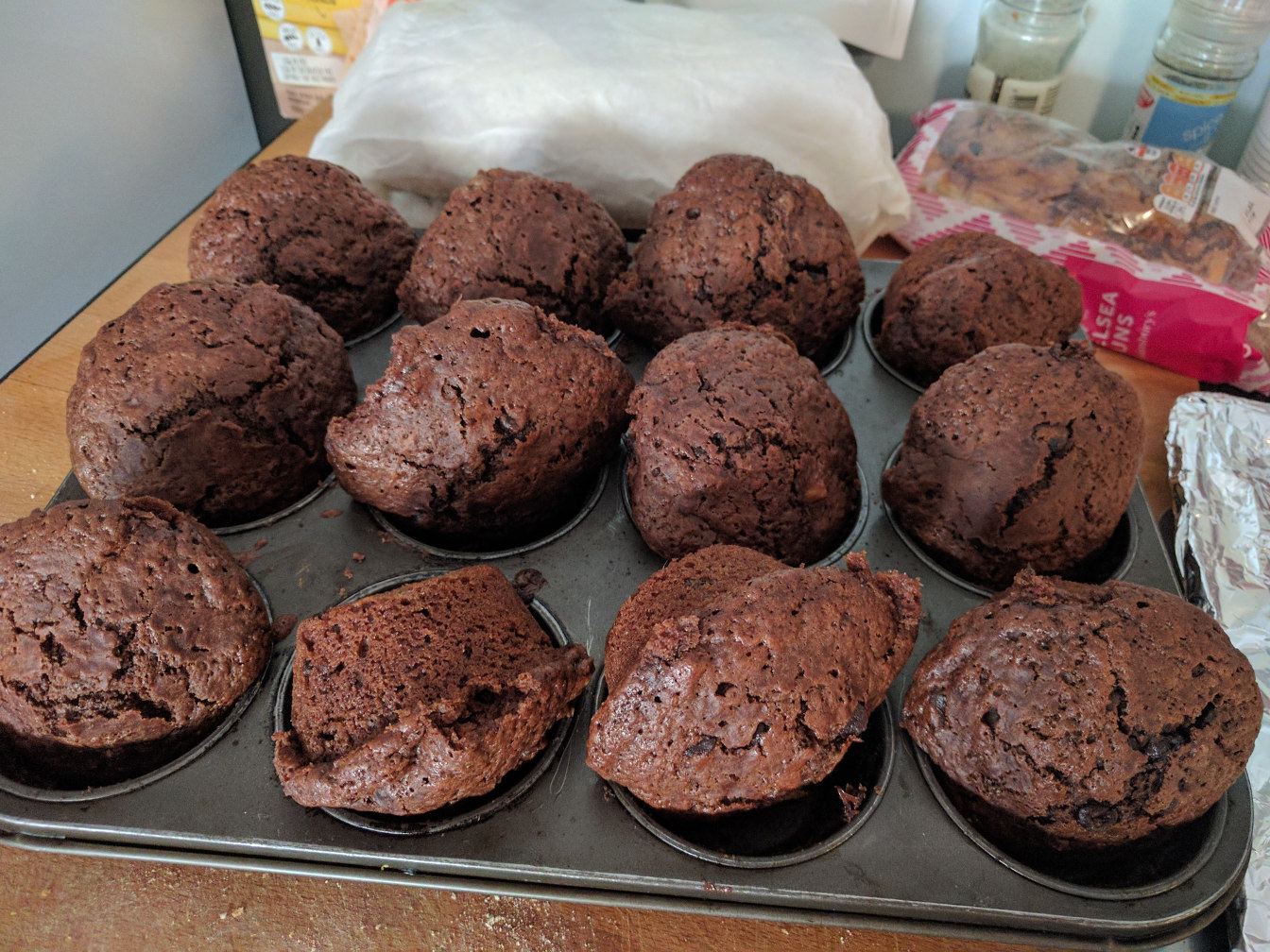 Double chocolate muffins in a tray
